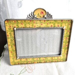 Vintage Yellow 4×6" Frame French Country Cabbage Roses & Pearl Accents